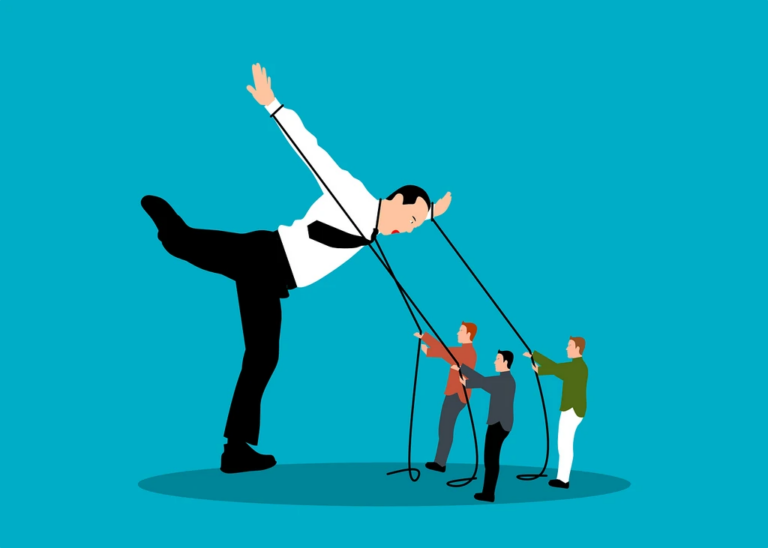 Illustration of a group of people pulling down a giant figure with ropes, symbolizing collective power to influence change.