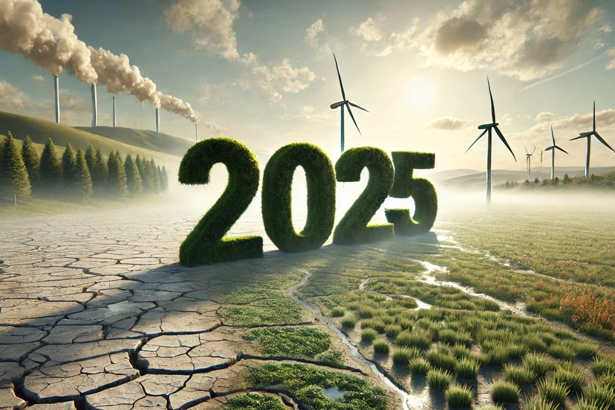 2025 climate challenges representation with cracked dry land, green recovery, wind turbines, and industrial pollution in the background.