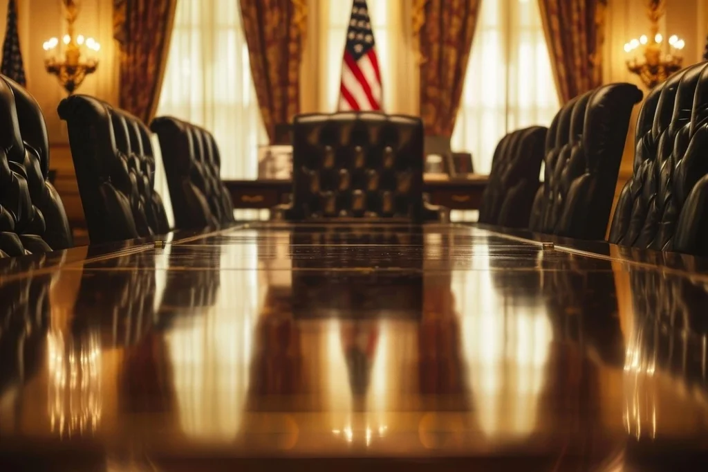 Government decision-making room with leather chairs and a U.S. flag, symbolizing political influence on climate policies in 2025.