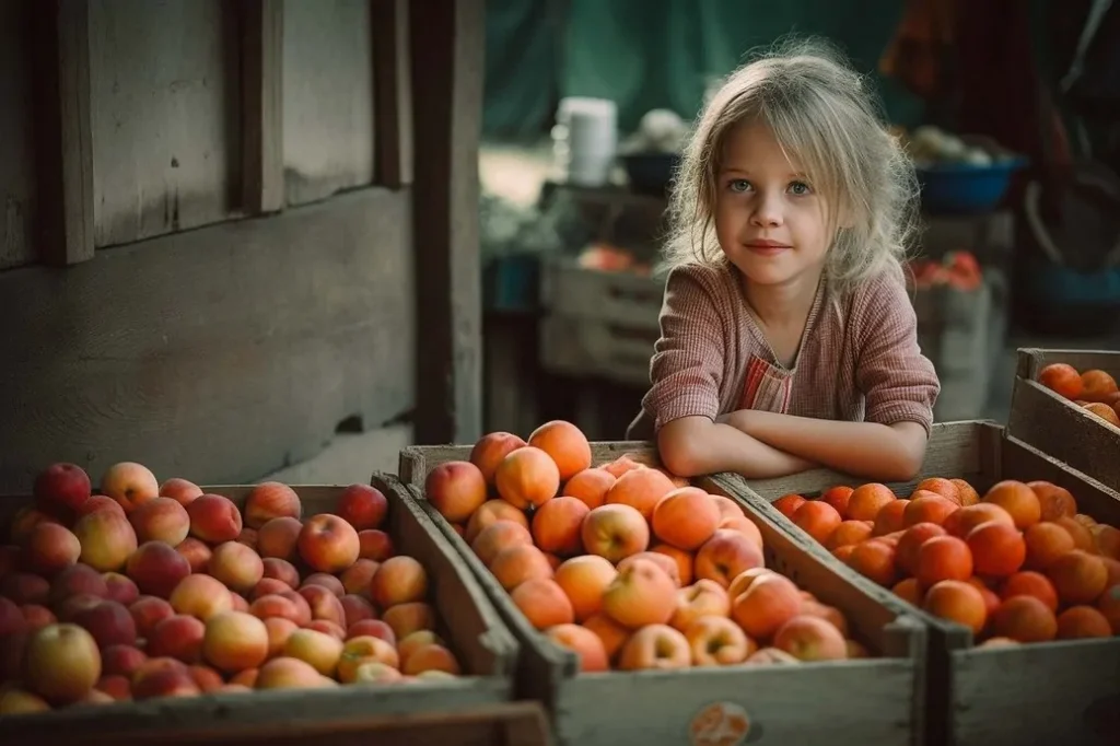 Child at a local fruit market, promoting sustainable shopping and supporting local agriculture.