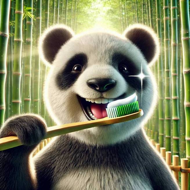 A cheerful panda holding a bamboo toothbrush with toothpaste, surrounded by a bamboo forest, promoting sustainable oral care.