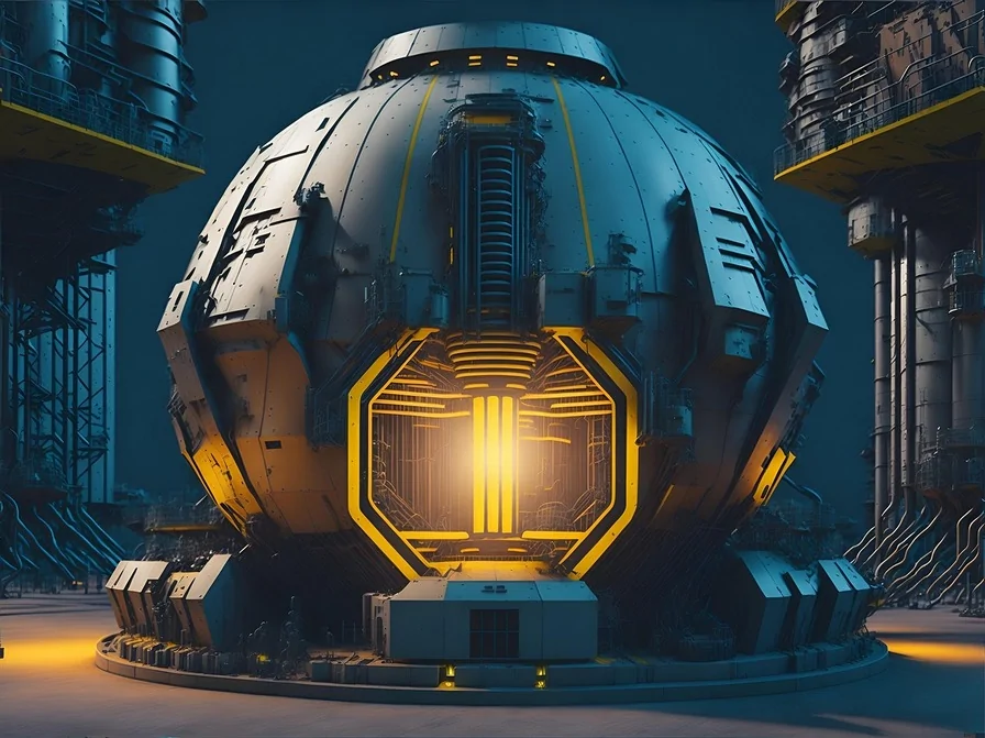 Futuristic industrial facility representing innovative climate technologies like direct air capture, green hydrogen, and small modular reactors for reducing carbon emissions in 2025.