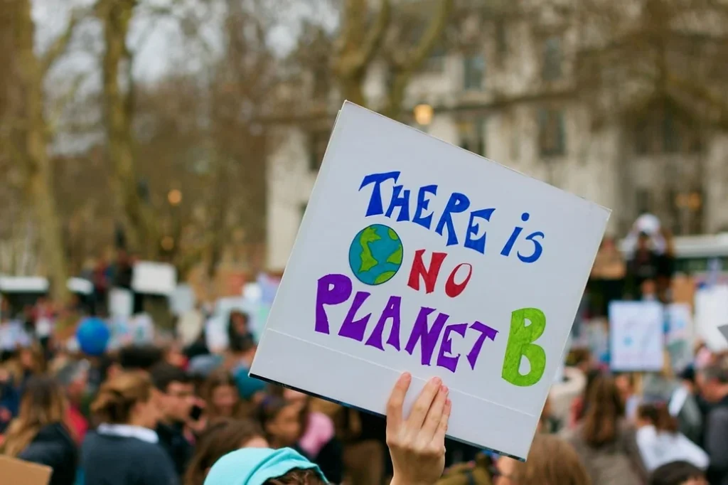 A protest sign reading 'There is no Planet B' held up in a crowd, symbolizing the urgency of climate action in 2025.