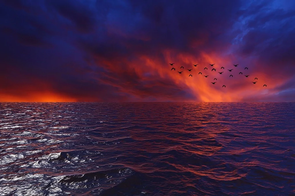 Dramatic ocean sunset with stormy clouds and a flock of birds, symbolizing the impact of El Niño and La Niña on global climate patterns in 2025.
