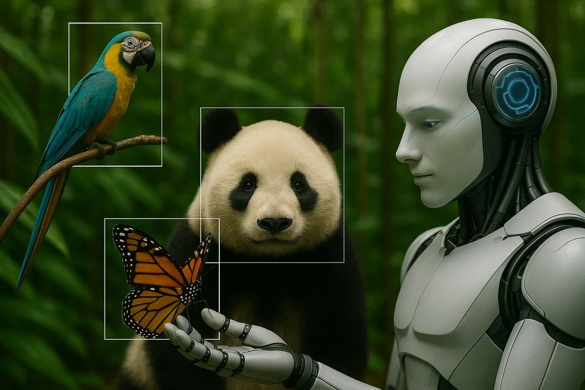 Artificial intelligence observing a butterfly, panda, and parrot in a tropical forest, symbolizing AI's role in wildlife conservation.