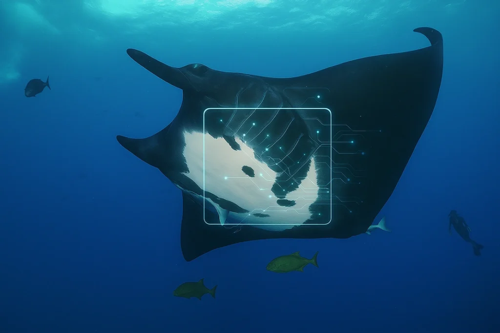 Manta ray with AI overlay analyzing skin patterns for individual identification.