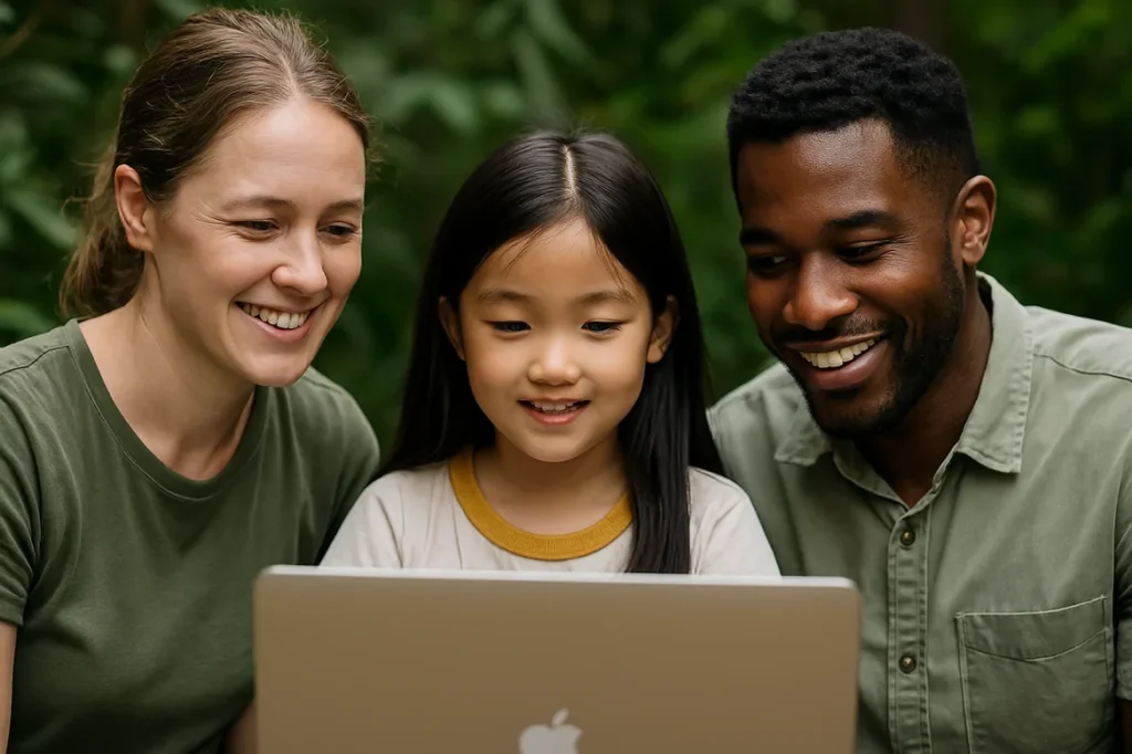 Three diverse individuals smiling and looking at a laptop screen outdoors, symbolizing global community engagement in wildlife conservation through technology.