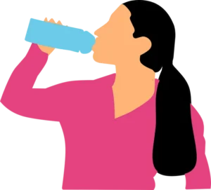 Illustration of a woman drinking from a reusable water bottle, representing sustainable lifestyle choices