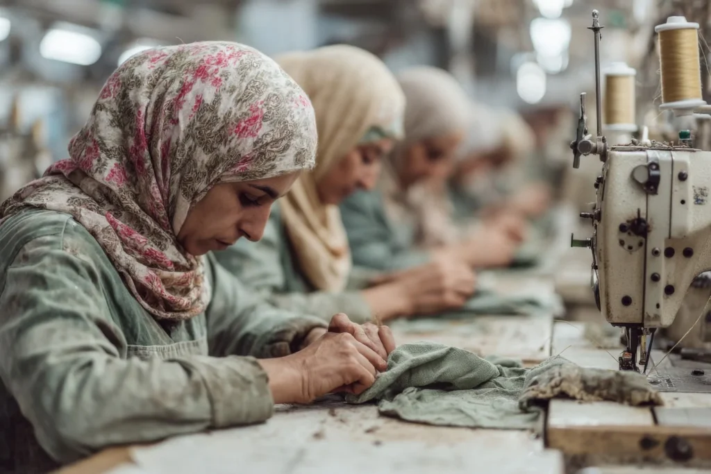 Garment workers sewing clothes in a textile factory, symbolizing labor conditions addressed by Fair Wear Foundation