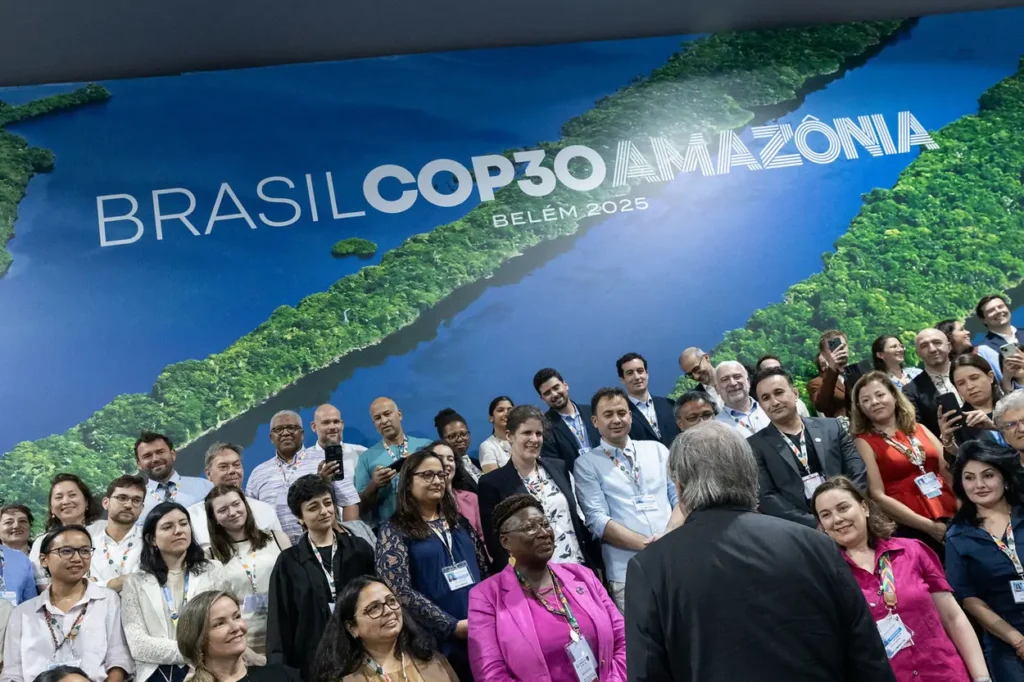 UN Secretary-General meeting with delegates at COP30 in Belém, highlighting cooperation and shared commitment at the climate summit